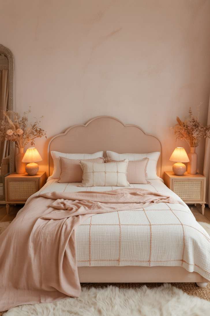 A romantic bedroom with a curved blush velvet headboard, delicate cane and brass nightstands, and dried floral arrangements in warm peach and ivory