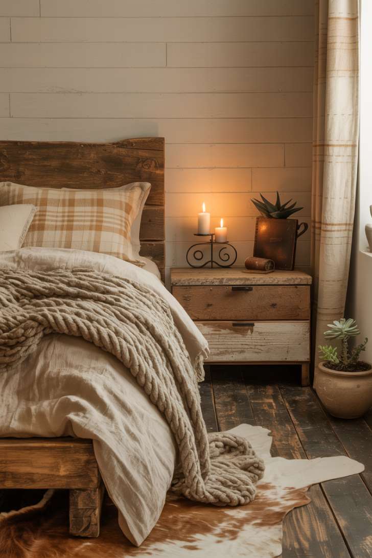A cabin-inspired bedroom with shiplap walls in warm whitewash, heavyweight cream linen bedding, and a chunky hand-woven natural wool throw