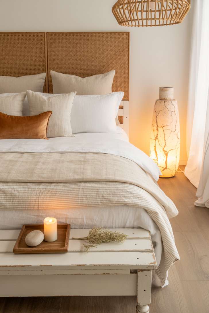 A coastal-inspired bedroom reinterpreted in warm sandy neutrals with a seagrass headboard, rattan pendant light, and driftwood-tone hardwood floors