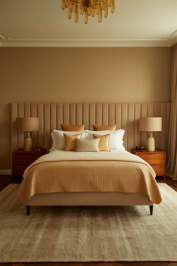 An ultra-luxurious primary bedroom with a full-wall channel-tufted greige headboard, grasscloth wallpaper in warm gold and sand, and a brushed gold chandelier