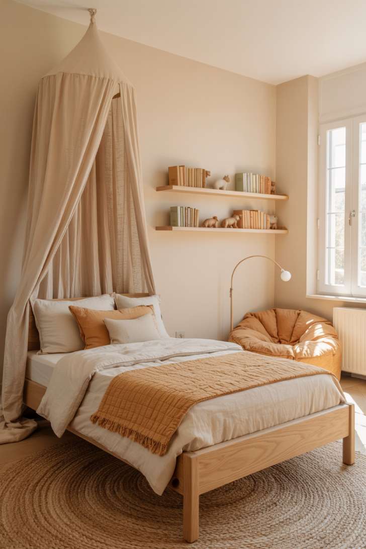 A children's bedroom in pale natural oak with ivory linen canopy, sandy gold quilted blanket, and a caramel boucle bean bag under an arched floor lamp