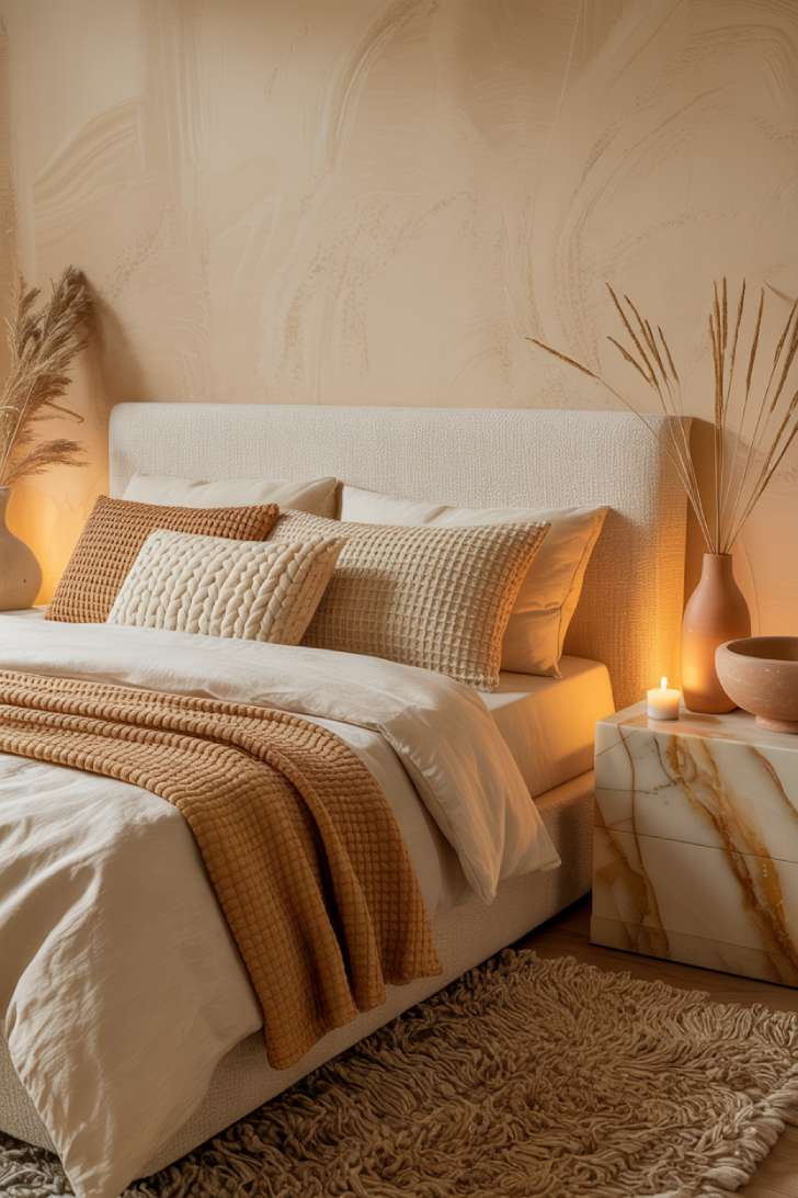 A texture-forward bedroom in caramel, cream, and warm sand with boucle headboard, Roman clay plaster walls, marble nightstand, and a shag wool rug