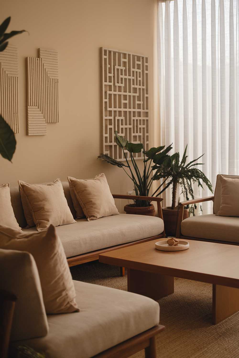 A warm and neutral living room with a beige sofa and a few matching cushions. There's a wooden coffee table in the middle of the room. A few potted plants and a wall decoration with a geometric pattern add to the decor. The room has a large window with a white curtain.