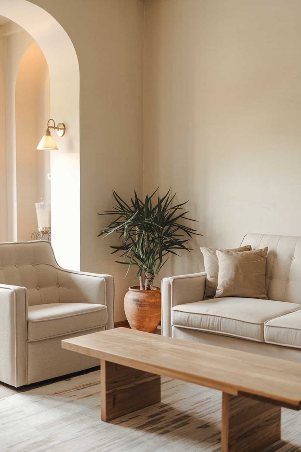 A warm and neutral living room decor. The room has a beige sofa with two cushions and a beige armchair. There is a wooden coffee table in the middle. A plant pot with a potted plant is placed on the floor beside the sofa. The walls are painted in a light neutral hue. There is a lamp on the wall near the entrance.