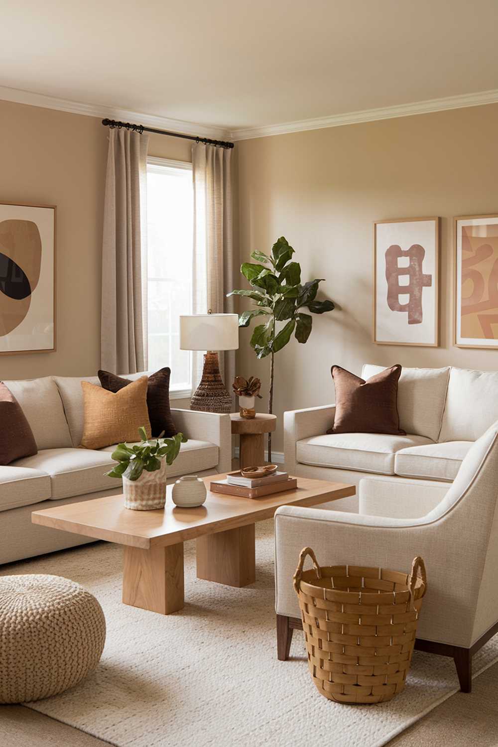 A warm neutral living room decor with a beige sofa, a few throw pillows in various shades of brown and beige, a beige armchair, and a beige area rug. There is a wooden coffee table in the middle. The walls are painted a light beige. There are a few decorative items, including a wooden basket, a plant, and a lamp. The room has a few pieces of artwork on the walls.