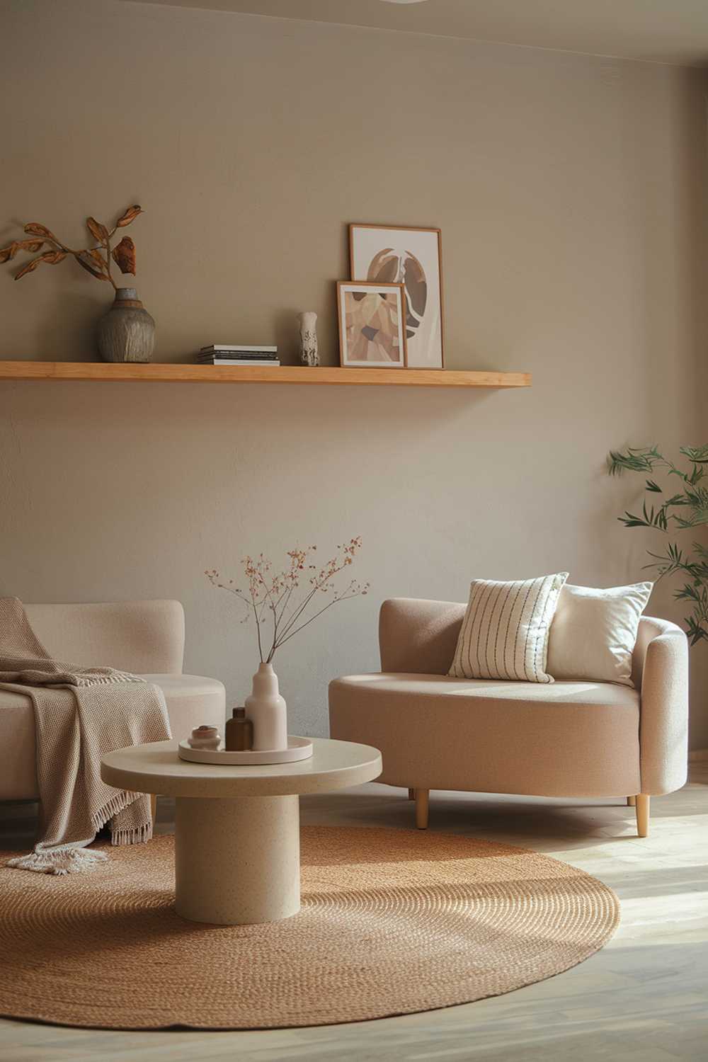 A warm neutral living room decor. The room has a beige sofa with a few throw pillows and a coffee table in the middle of the room. There's a wooden shelf above the sofa, holding a few decorative items. The walls are painted in a light gray color. There's a large, round rug in the center of the room, beneath the sofa. The lighting in the room is soft.