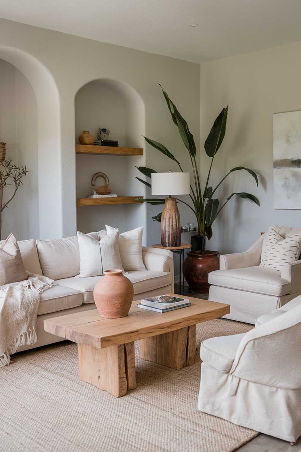 A cozy neutral living room with a beige sofa, a few throw pillows, a wooden coffee table, a large plant, and a clay pot. There's also a beige armchair and a lamp. The walls are painted in a light gray color. There's a wooden shelf near the wall with a few decorative items. The floor is covered with a beige rug.