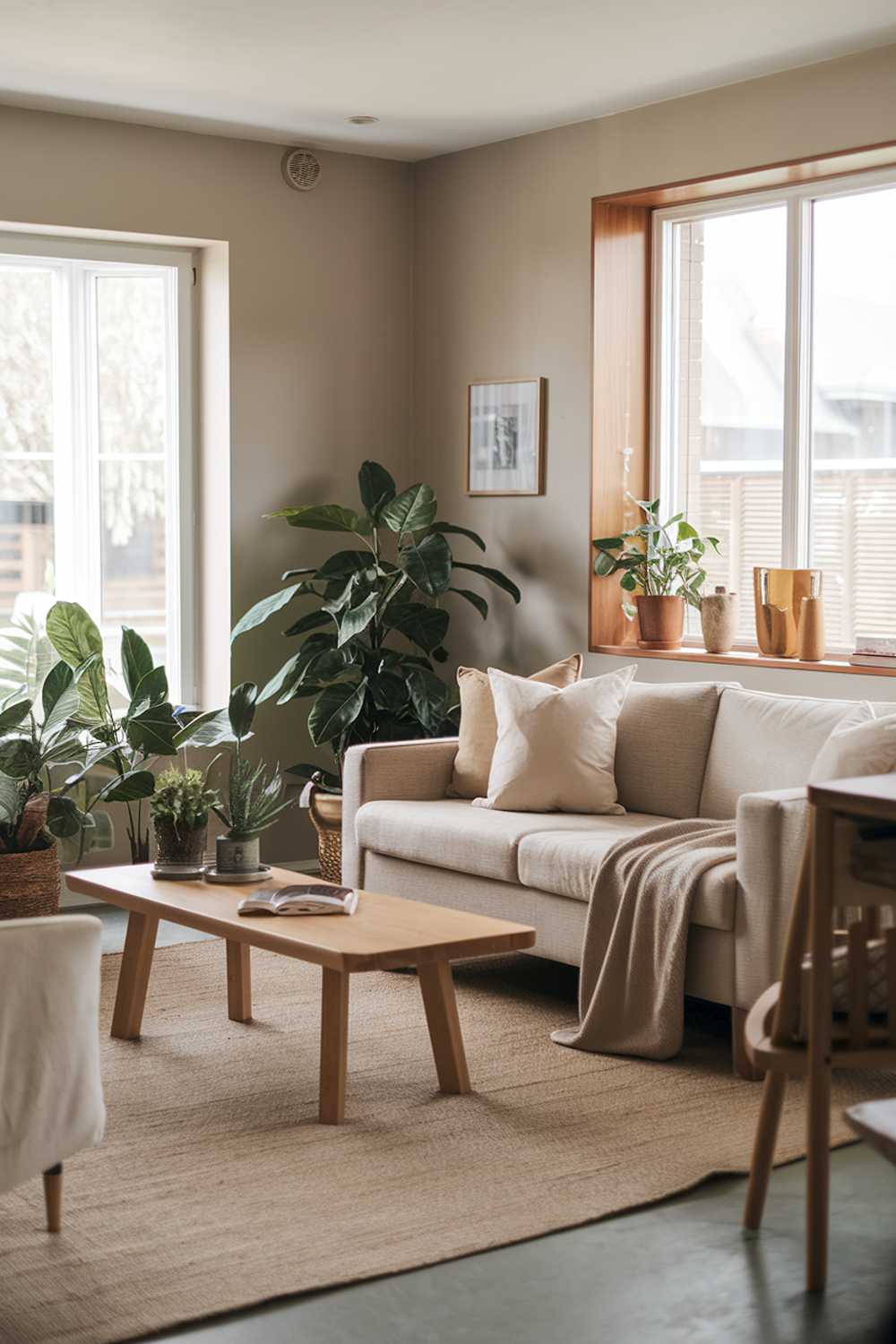 A cozy neutral living room. There's a beige sofa with a few pillows and a wooden coffee table in the middle of the room. A few potted plants are placed near the window. A beige rug covers the floor. The walls are painted in a light gray color. There's a wooden shelf near the window, holding a few decorative items. The room has a warm atmosphere.