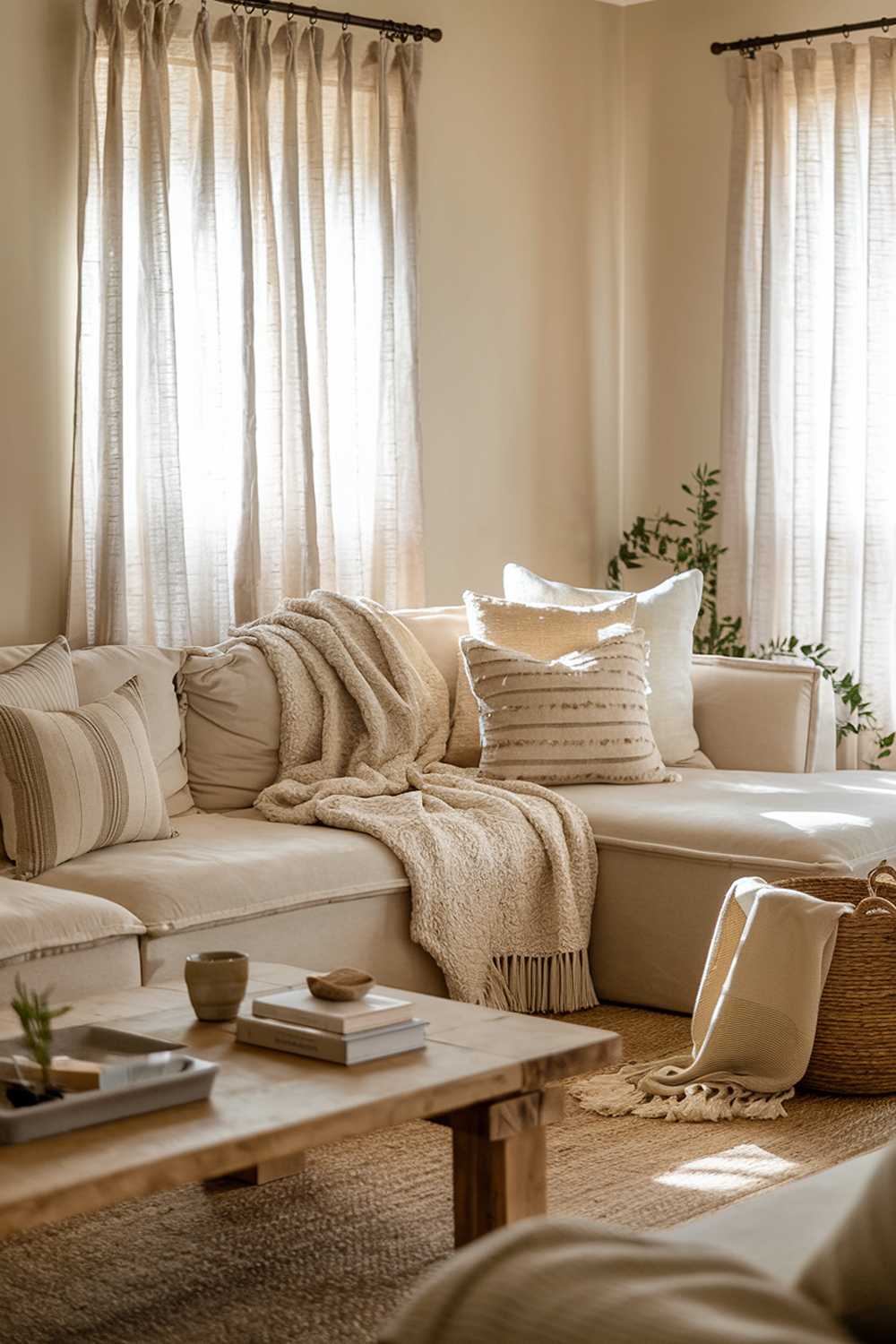 A cozy living room with a warm, neutral color palette. The room features a plush beige sectional sofa with textured throw blankets and pillows in cream and taupe tones. Soft natural light filters through sheer linen curtains, creating a calm and inviting atmosphere. The room includes a rustic wooden coffee table with subtle decor, like a small stack of books, a ceramic mug, and a candle. Nearby, a woven basket filled with blankets and a potted plant add a touch of organic warmth. The walls are painted in a soft, muted beige, and the floor has a natural woven rug for added texture and comfort.