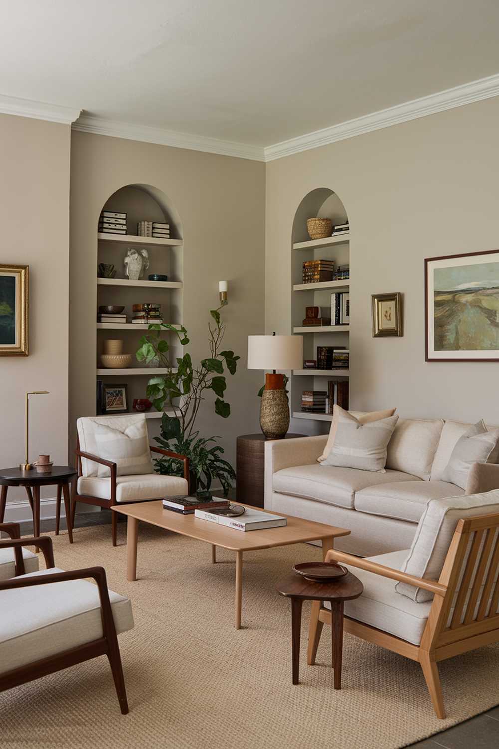 A living room with a neutral wall color. The walls are painted in a light beige color. There is a beige sofa with two cushions. A wooden coffee table is placed in front of the sofa. There are two wooden chairs and a plant near the wall. The floor is covered with a beige rug. The room has a lamp, a painting, and a bookshelf.