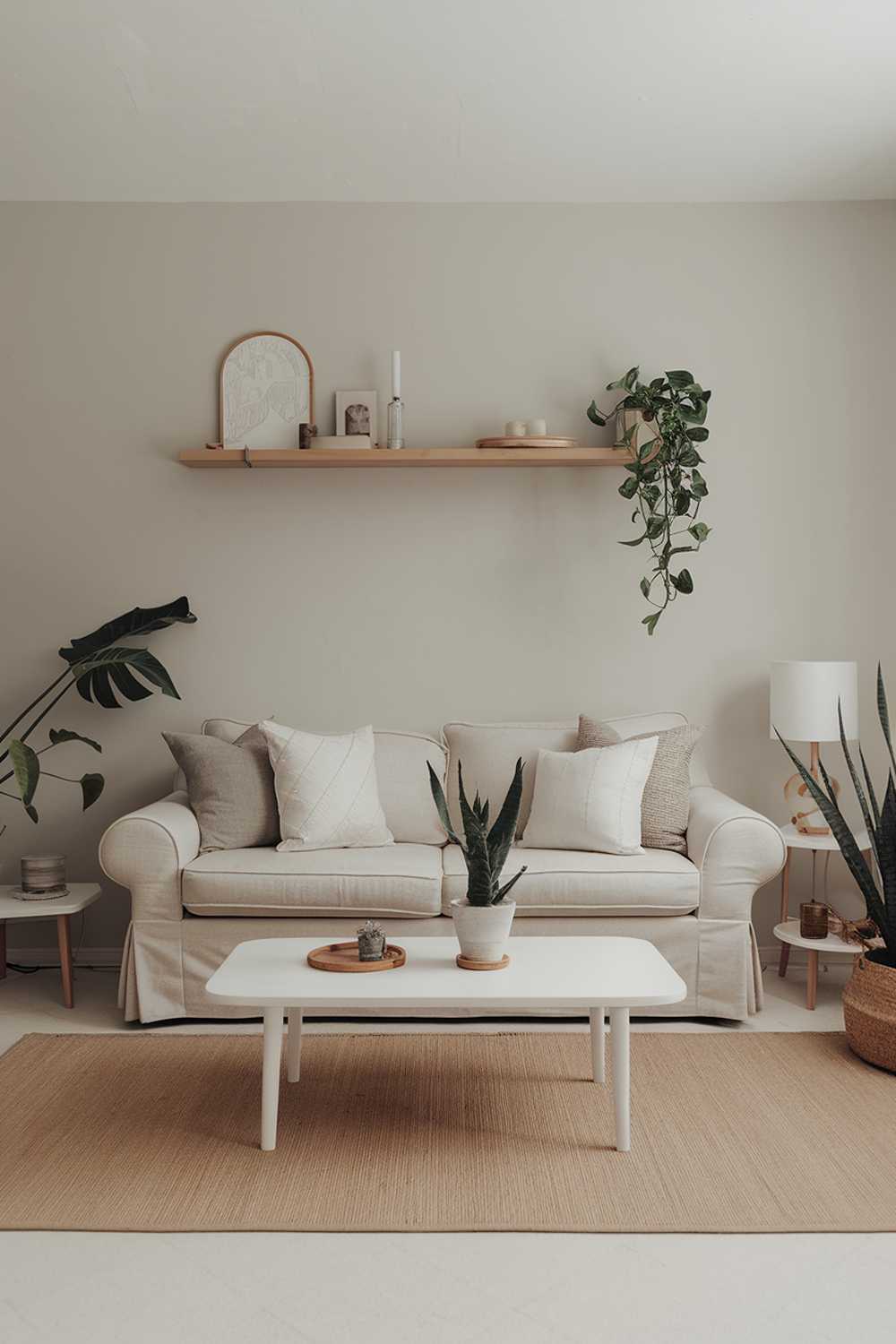 A neutral living room with a beige sofa, a white coffee table, and a few plants. There is a beige rug on the floor. The walls are painted in a light grey color. There is a wooden shelf above the sofa with a few decorative items. The room has a few pieces of furniture, including a side table and a lamp. The overall ambiance of the room is calm and serene. 