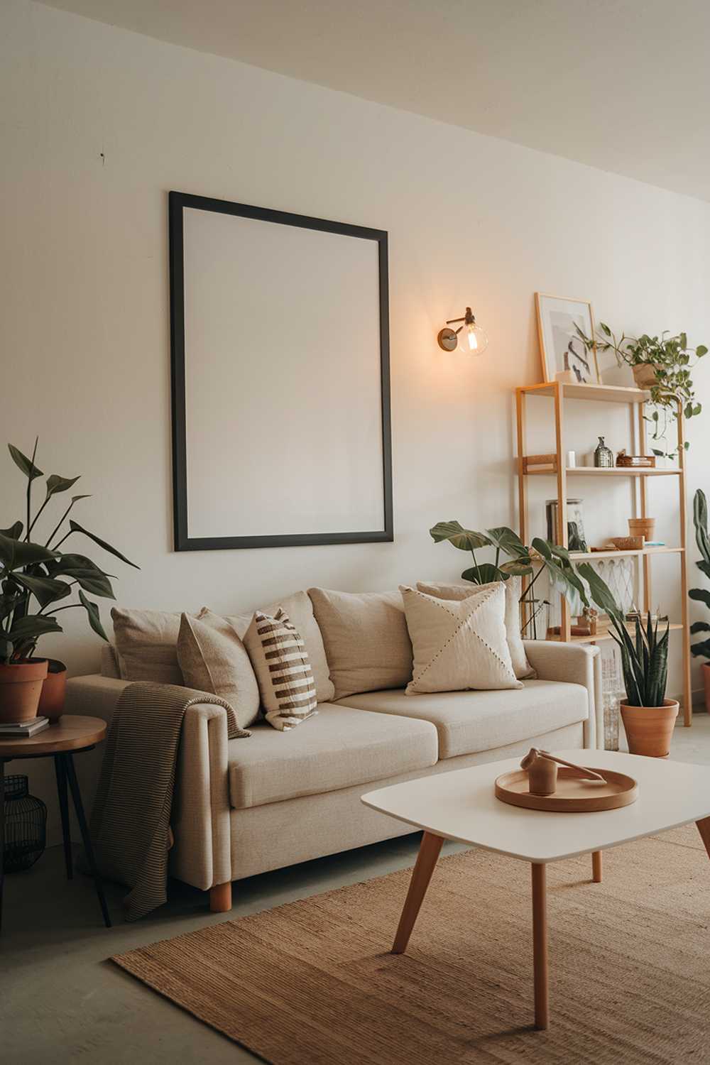 A cozy small neutral living room with a beige sofa, a white coffee table, and a few plants. There is a beige area rug on the floor. On the white wall, there is a large black frame. The room has a few wooden elements, including a shelf and a side table. The lighting is warm.