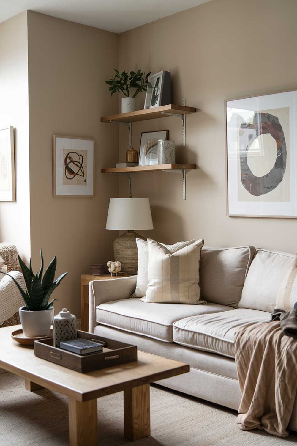 A cozy small neutral living room. The room has a beige sofa with a few throw pillows. There is a wooden coffee table in front of the sofa. A few items, such as a potted plant, a decorative box, and a lamp, are placed on the table. The walls are painted beige and have a few pieces of art hung on them. There is a wooden shelf near the wall, holding a few more decorative items. The floor is covered with a beige rug.