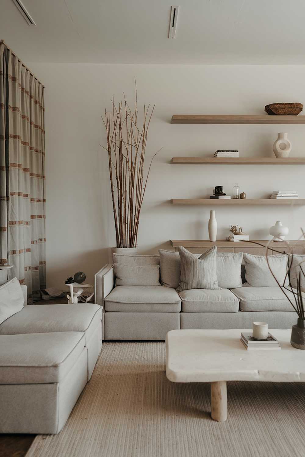 A cozy and modern neutral living room. There is a large gray sofa with a few throw pillows. In front of the sofa is a white coffee table with a few items on top. Near the sofa is a tall, thin plant. Along the wall is a wooden shelf with a few decorative items. The room has a beige rug and a few pieces of furniture.