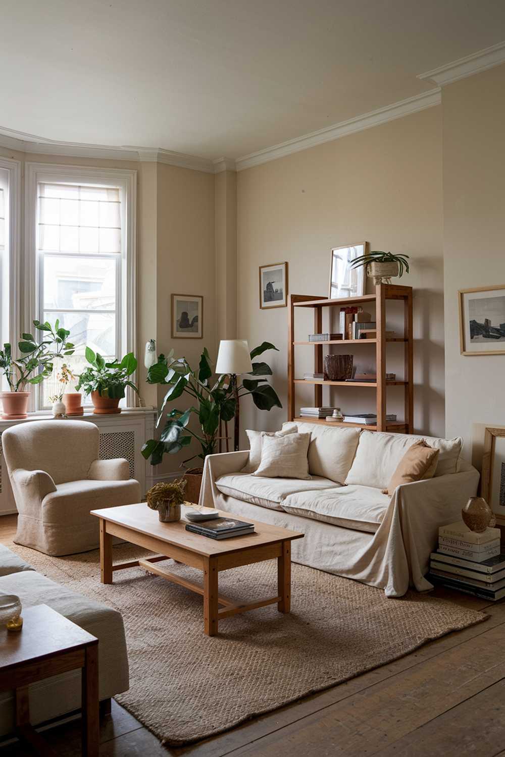 A cozy living room with natural tones. There is a beige sofa with a few pillows and a wooden coffee table in the middle of the room. A few potted plants are placed near the windows. A beige armchair is placed near the sofa. A wooden bookshelf is placed against the wall. A lamp is placed on the bookshelf. A rug is placed beneath the sofa, armchair, and coffee table. The walls are painted in a light beige color. The floor is made of wood. The room has a few books and decorative items.