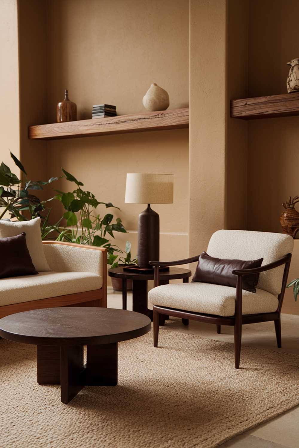 A cozy living room with natural tones. There's a beige sofa with dark brown wooden legs and a beige chair with a dark brown cushion. A round dark brown wooden coffee table is placed in front of the sofa. A dark brown lamp with a beige shade sits on the table. A beige rug covers the floor. The walls are painted in a warm beige hue. A wooden shelf with a few decorative items is mounted above the sofa. The room has a few potted plants.