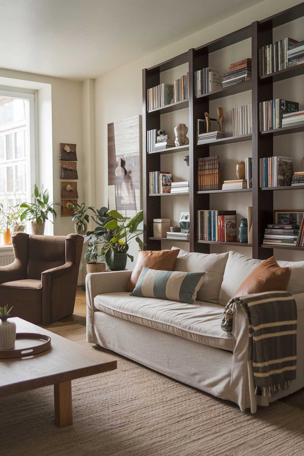 A cozy living room with natural tones. There's a beige sofa with a few throw pillows in different shades of brown and beige. There's a brown armchair near the window. The room has a wooden coffee table and a beige rug. On the wall, there's a large, dark brown bookshelf filled with books and decorative items. The room has a few potted plants and some artwork on the walls.