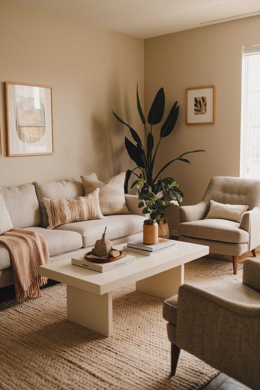 A cozy warm neutral living room decor with a beige sofa, a white coffee table, a gray armchair, a beige rug, and a few decorative items. There are also a few plants in the room. The walls are painted in a light beige color.