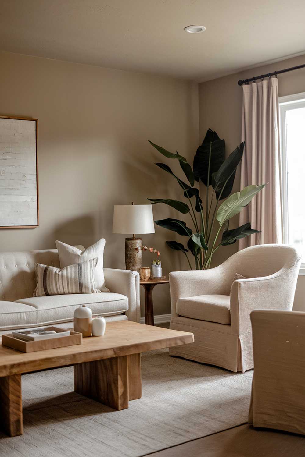 A warm neutral living room with a cozy ambiance. The room has a beige sofa with a few throw pillows, a beige armchair, and a wooden coffee table. There is a large plant in the corner. The walls are painted a soft gray. There is a rug in the middle of the room. The lighting is soft.