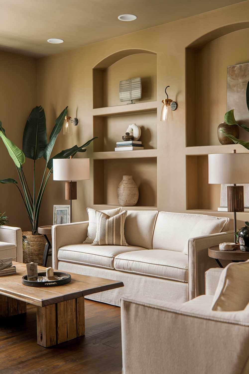 A cozy warm neutral living room decor. There is a beige sofa with a few cushions, a wooden coffee table, and a large plant. There are also a few decorative items on the shelves. The walls are painted in a warm beige color, and there are two lamps, one on the coffee table and one on the wall. The flooring is a dark brown wood.