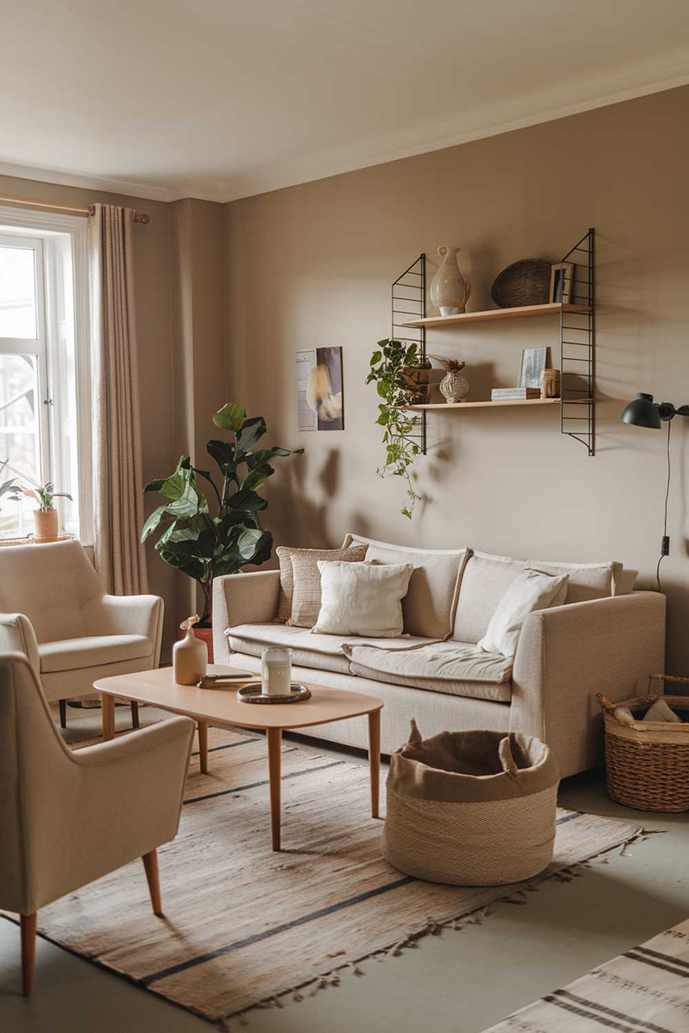 A cozy warm neutral living room with a beige sofa, a few chairs, a coffee table, and a wall-mounted shelf. There's a potted plant near the window and a rug on the floor. The walls are painted a soft grey. There's a lamp on the shelf and another one on the floor. The room has a few personal items, such as a basket, a vase, and a photo frame.