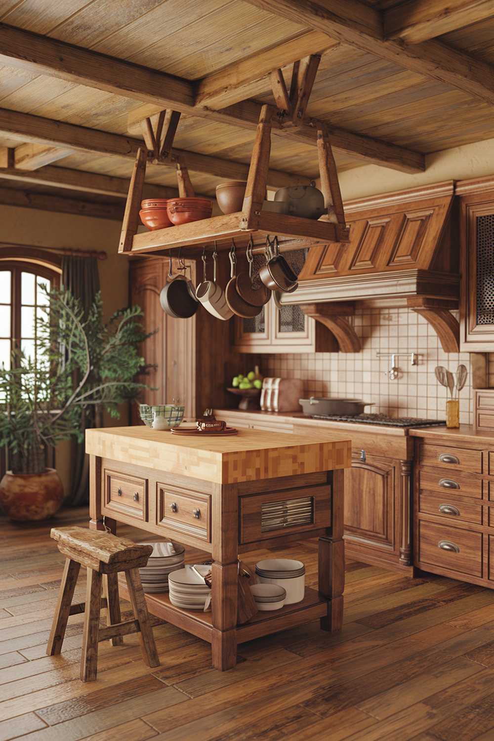 A warm wood kitchen decor with a rustic charm. The kitchen has a wooden beam ceiling, a wooden island with a butcher block top, wooden cabinets, and a wooden countertop. There is a vintage wooden stool near the island. The floor is made of wooden planks. There is a potted plant near the window. A hanging pot rack with several pots is above the island.
