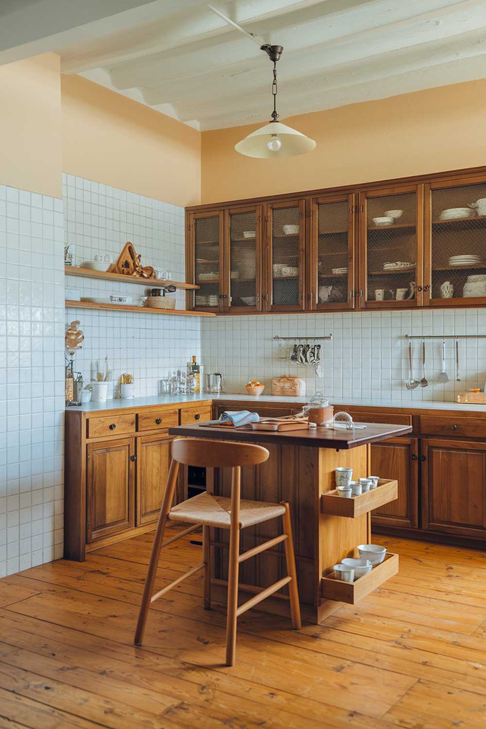 A warm wood kitchen decor. The kitchen has a wooden floor and wooden cabinets. There's a wooden island in the middle of the kitchen with a few items on top. There's a wooden chair near the island. The walls have white tiles up to the cabinets. There's a light fixture hanging from the ceiling. The overall ambiance of the photo is bright and cozy.