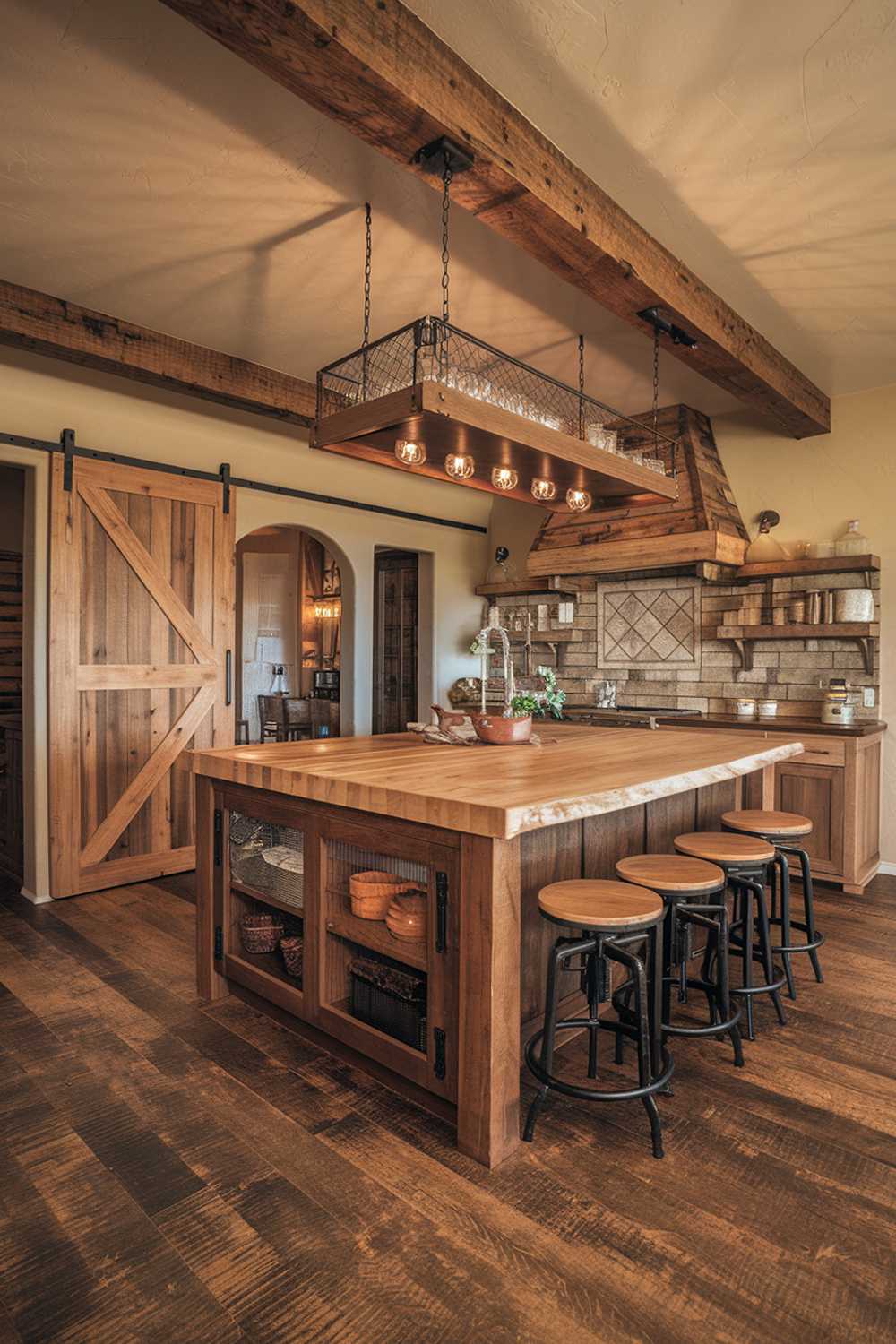 A warm wood kitchen decor design with a high level of detail. The kitchen has a rustic charm with a large wooden island in the center. The island has a butcher block top and is surrounded by bar stools. There's a large wooden cabinet against the wall with a sliding barn door. The cabinet has a butcher block top as well. There's a wall-mounted wooden shelf above the island. The floor is made of wooden planks. The lighting is warm and inviting.