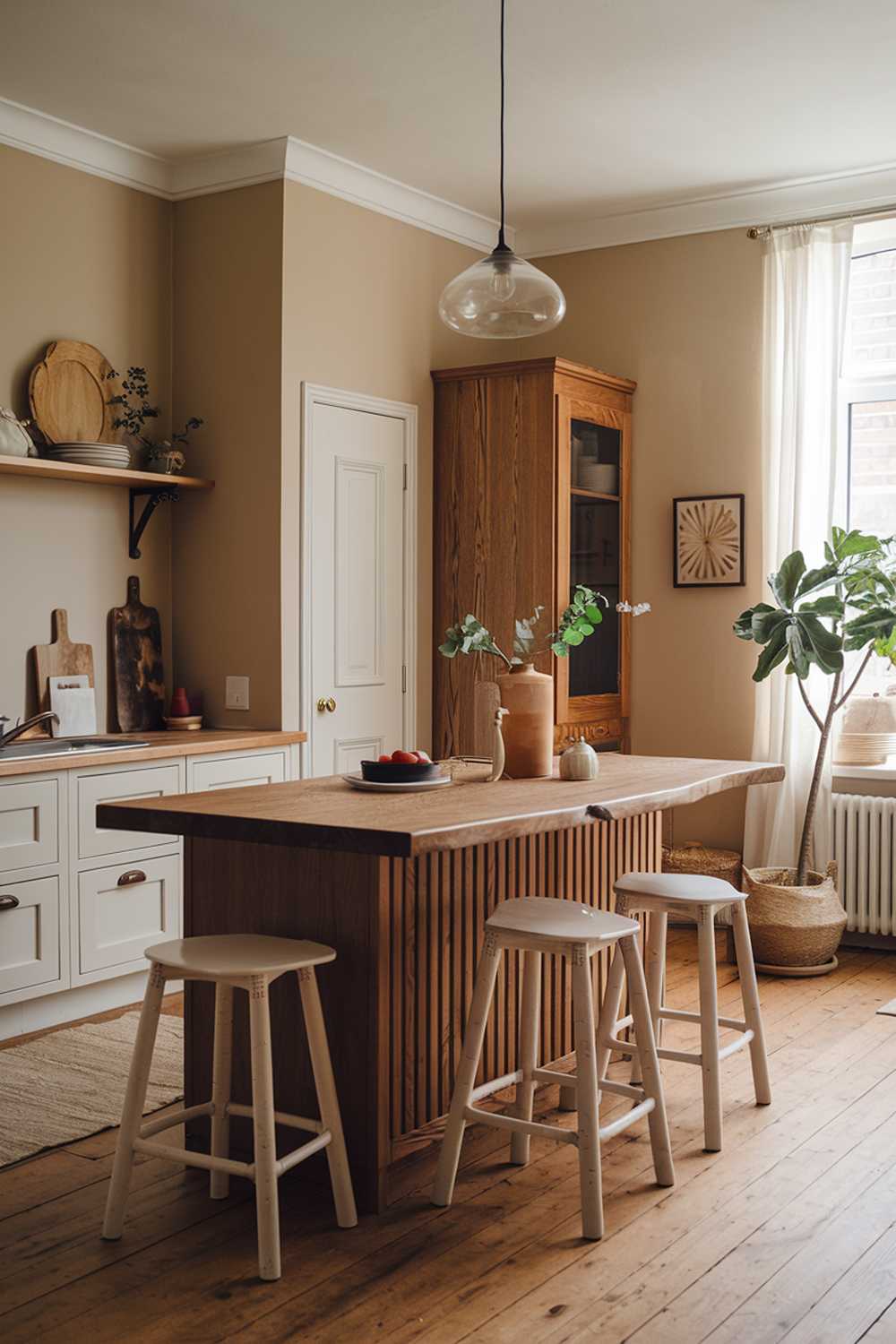 A warm wood kitchen decor design. The kitchen has a rustic charm with a wooden island in the middle. There are stools placed around the island. The walls are painted beige. There's a white cabinet on the left wall and a wooden one on the right. The floor is made of wood. There's a potted plant near the window. The lighting is soft.