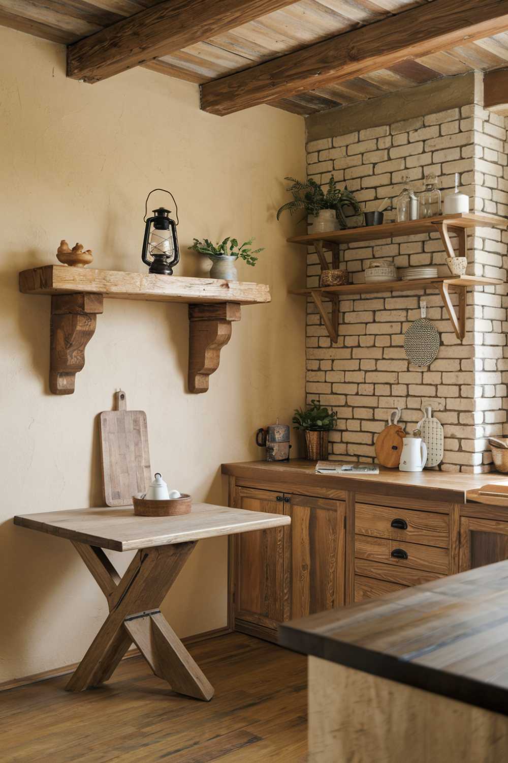 A warm wood kitchen decor design. The kitchen has a rustic charm with a beige wall, a wood beam ceiling, and a brick wall. There's a wooden table in the corner. On the wall, there's a wooden shelf with a vintage lantern and a few decorative items. There's a wooden cabinet with a few items. The floor is made of wood.