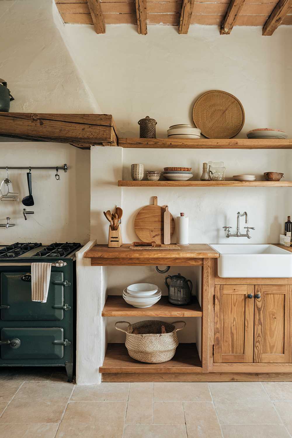 A warm wood kitchen decor. The kitchen has a rustic charm, with a wooden countertop, wooden shelves, and wooden cabinets. There's a vintage stove and a sink. A woven basket and a few kitchen items sit on the wooden shelf. The floor is covered with beige tiles.