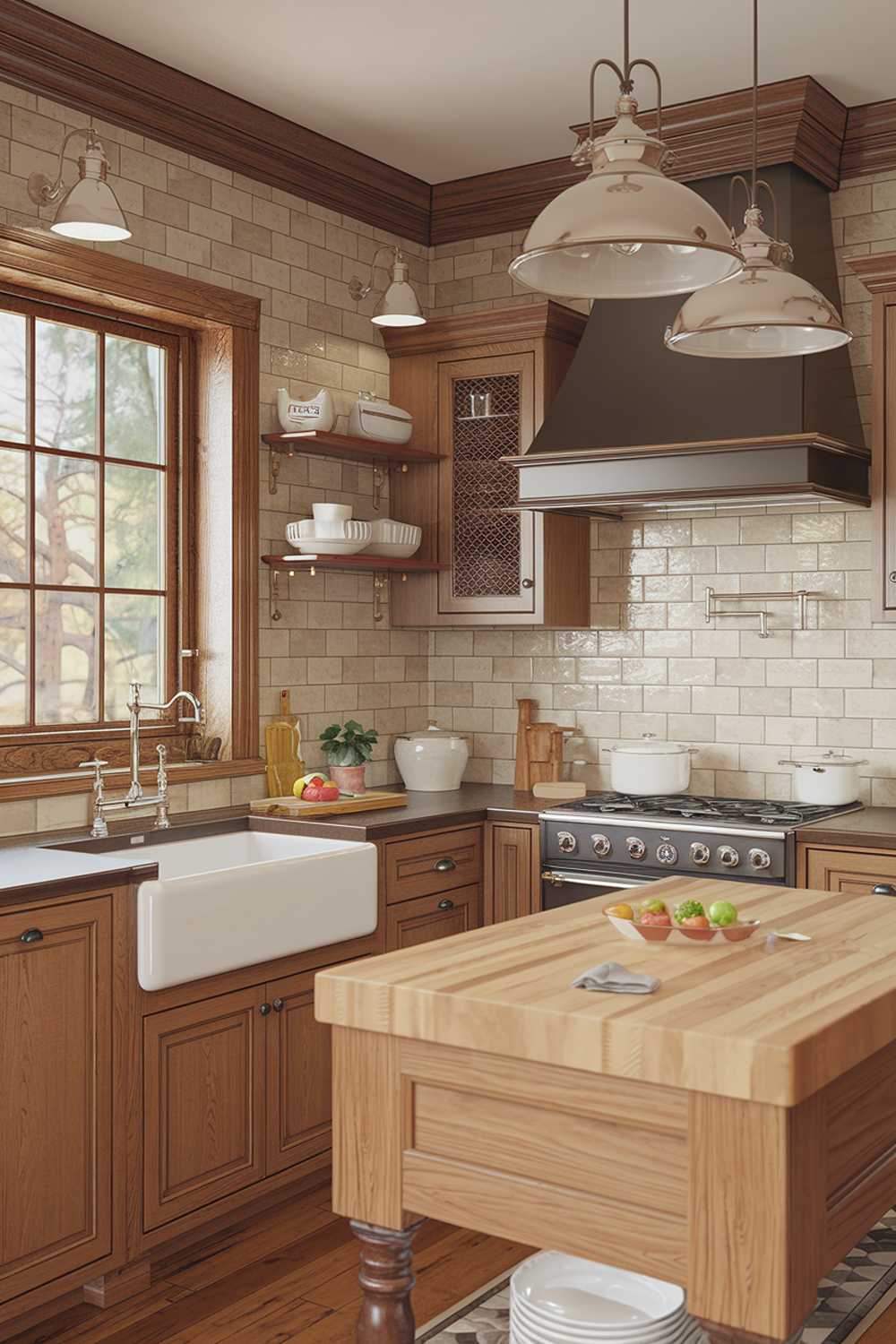 A warm wood kitchen design with a farmhouse sink, a range hood, and a wooden island with a butcher block top. There are pendant lights hanging over the island. The backsplash is covered in beige tile. There is a window near the sink with a view of nature. The floor is made of wood.