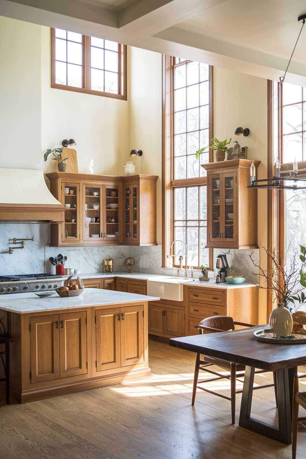 A warm wood kitchen design. The kitchen has a high ceiling and is filled with natural light. There are multiple cabinets, a large island with a marble countertop, and a stove. There's also a dining table near the window. The walls are painted white.