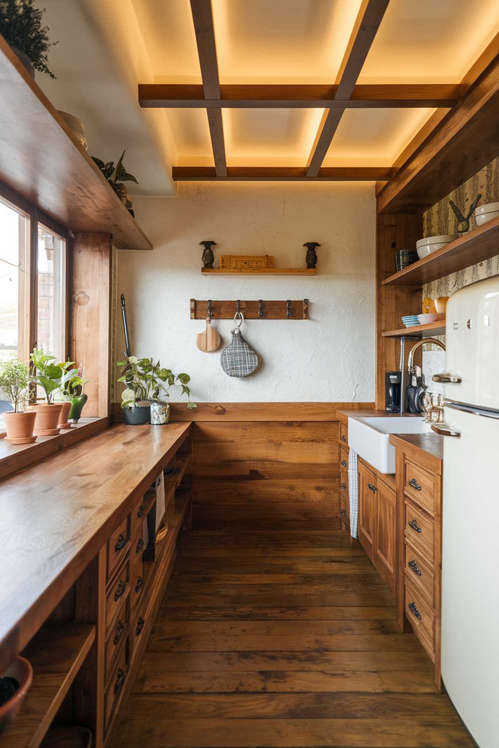 A kitchen with a warm wood design. The kitchen has a stylish and modern look. There is a wooden countertop, wooden shelves, and wooden cabinets. There is a white sink and a white refrigerator. The floor is made of wooden planks. There are potted plants near the window. The wall has a few hooks and a decorative item. The lighting is warm and soft.