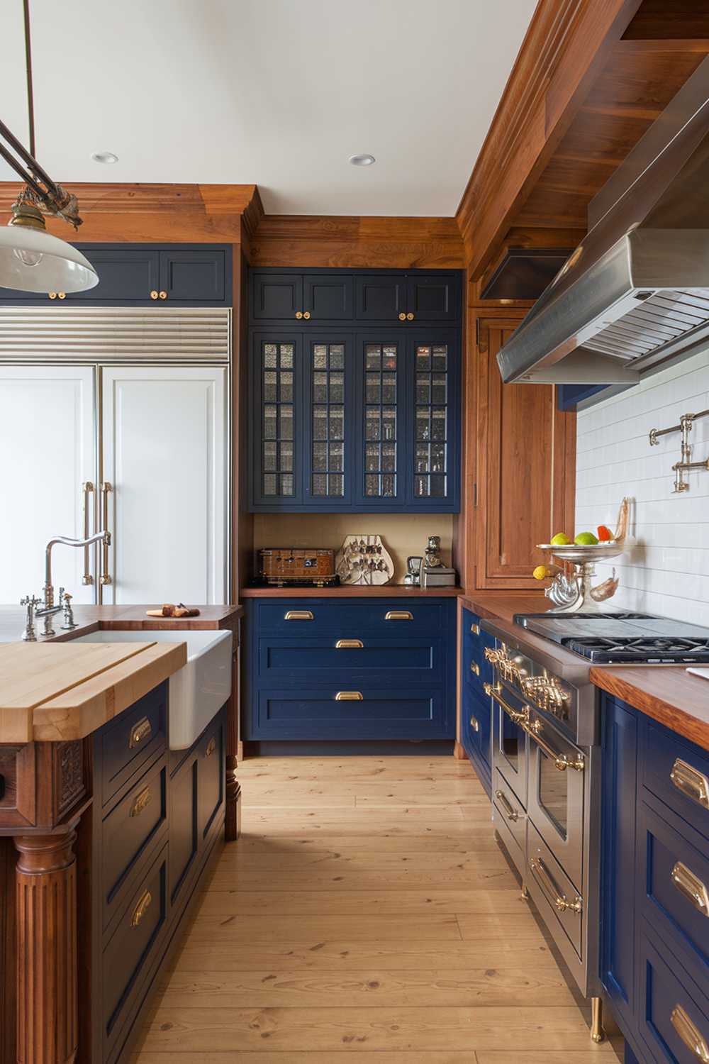 A kitchen with warm wood accents. There's a large island with a butcher block top and a sink. On one side, there's a stainless steel range hood. The cabinets are a deep blue and have brass handles. There's a white fridge on the left wall. The floor is made of light wood planks. There's a pendant light above the island.