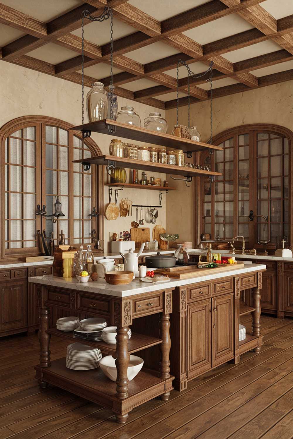 A kitchen decor with warm wood accents. The kitchen has a rustic charm with exposed wooden beams on the ceiling, wooden shelves holding glass jars and decorative items, and a wooden island in the middle of the room. The island has a white marble top and is used as a dining and cooking area. There are various cooking utensils and ingredients scattered across the island. The wall behind the island has a large window with wooden frames. The floor is made of wooden planks.