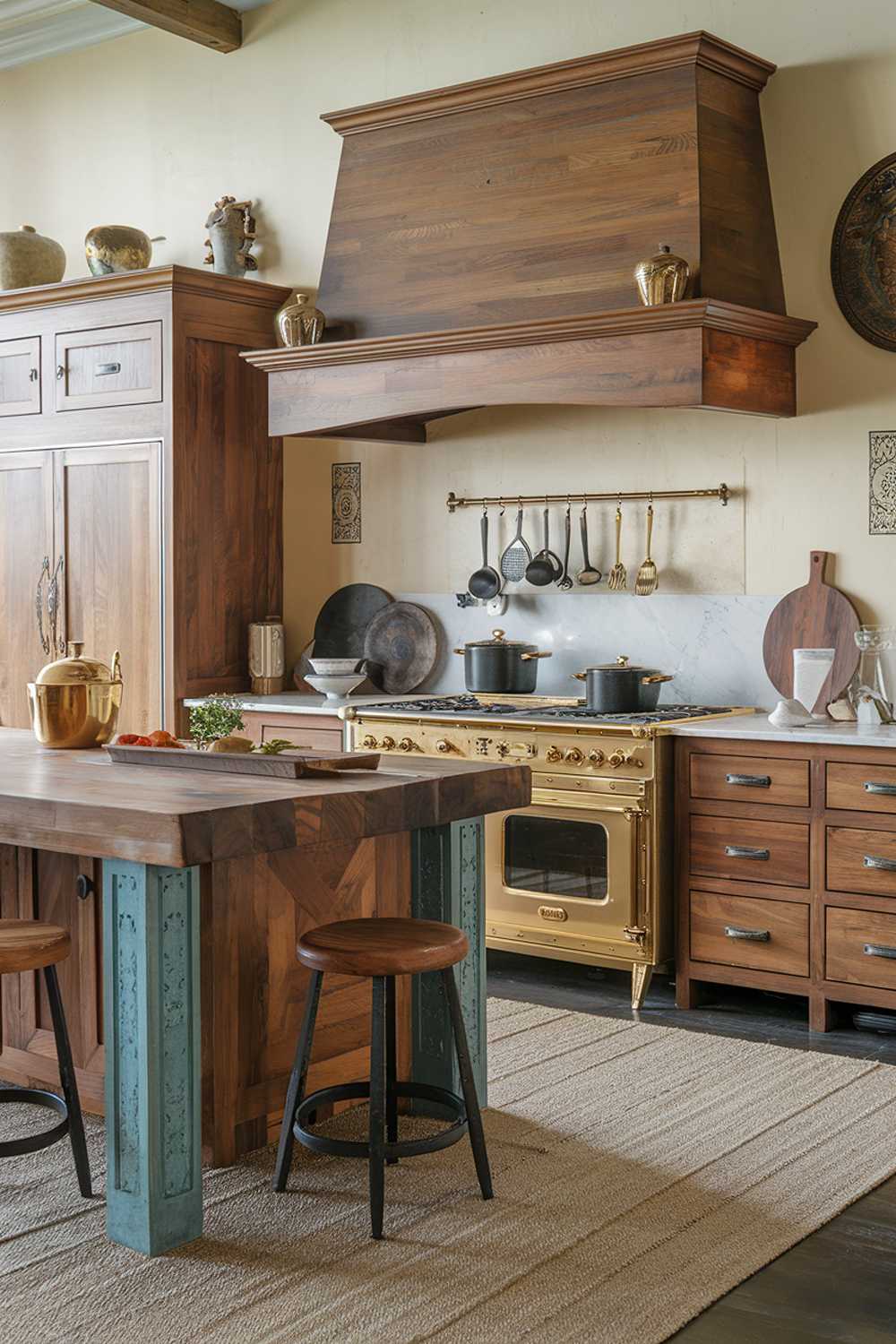 A kitchen with warm wood accents. The kitchen has a large island with a wooden counter and a few stools. On the island, there is a golden pot. There is a wooden cabinet above the stove, and another one below the wall-mounted dish rack. The stove has a golden handle and a few pots. The floor is covered with a beige rug. The walls have a few decorative items.