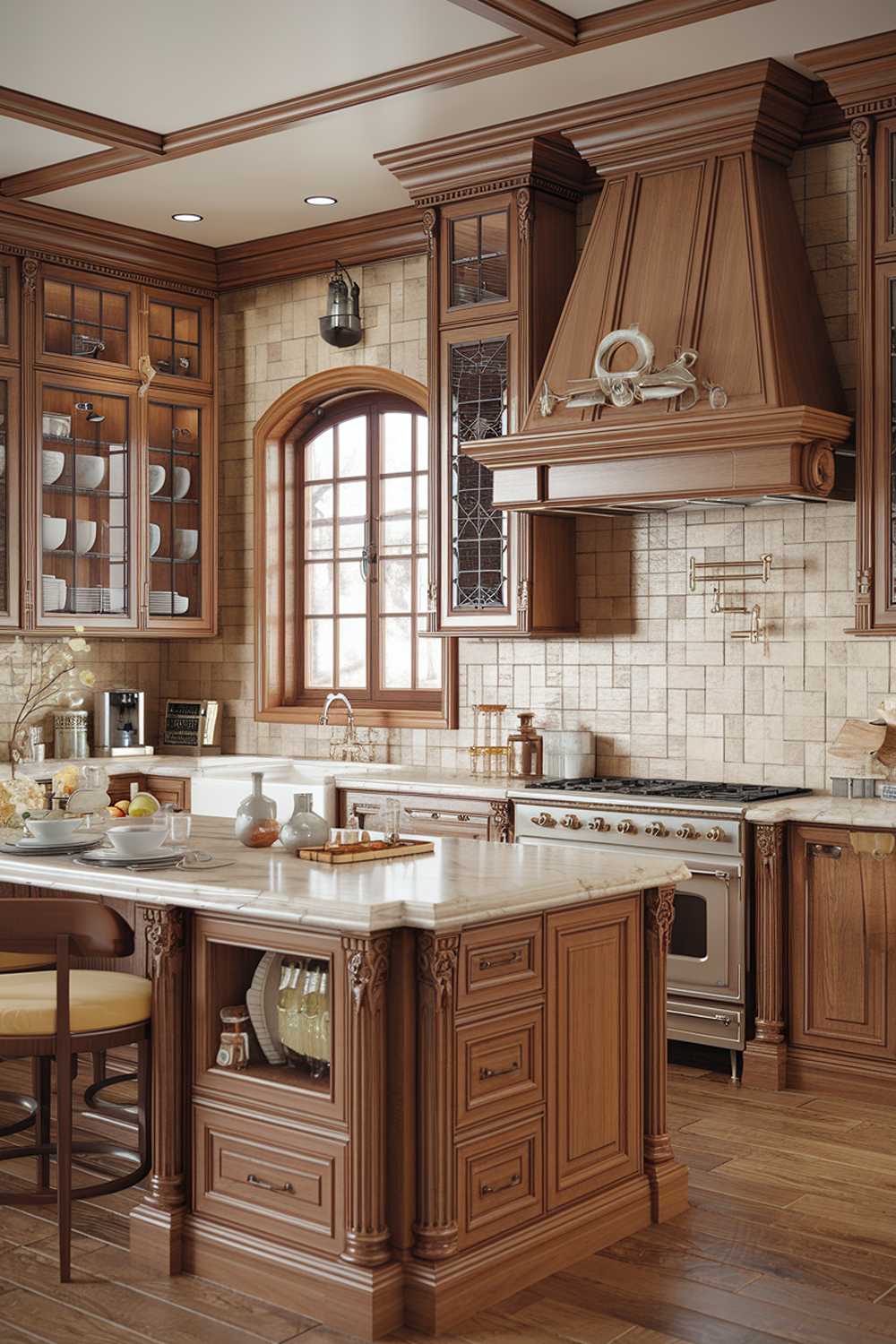 A kitchen design with warm wood accents. The room features a large island with a marble countertop, a sink, and seating. There are cabinets with glass doors, showcasing dishware. A range hood with a wooden facade is above the stove. The backsplash is made of beige tiles. There is a window with a wooden frame near the sink. The floor is made of wooden planks.