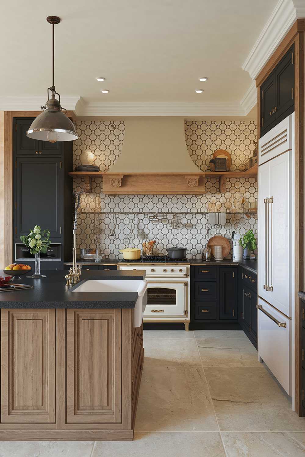 A kitchen design with warm wood accents. The kitchen has a island with a dark countertop and a white sink. There is a pendant light hanging above the island. The wall behind the stove has a patterned tile backsplash. There are black cabinets and a white fridge. The floor is made of beige tiles.