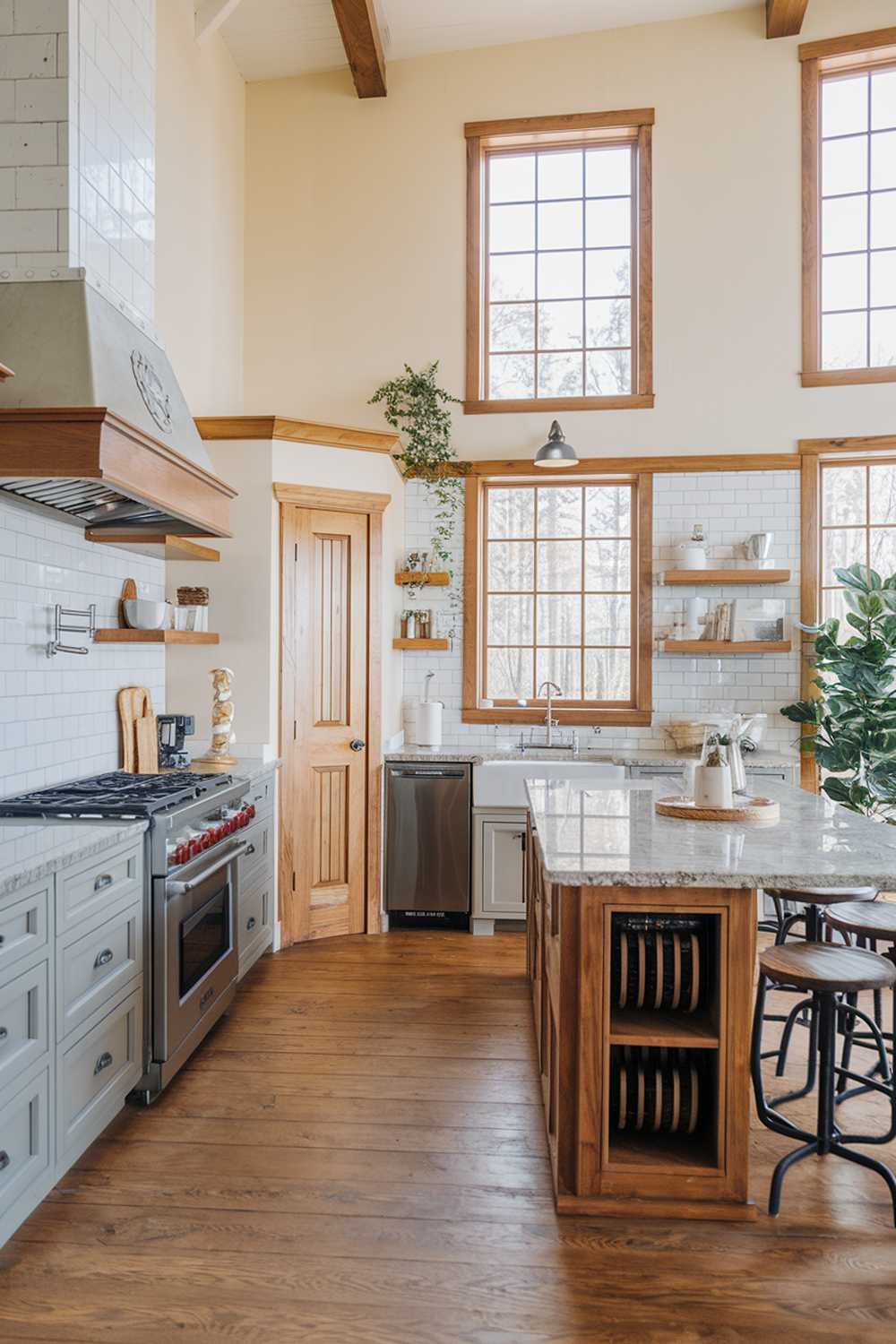 A kitchen design with warm wood accents. The kitchen has a high ceiling and is filled with natural light. There's a large island in the middle with a granite countertop and a few stools. Along the wall, there's a range hood, a pantry door, and a window. Below the window, there's a sink with a faucet and a dish rack. On the other wall, there's a refrigerator and a dishwasher. The floor is made of large wood planks. The cabinets are light grey with a few open shelves. There's a potted plant near the window.