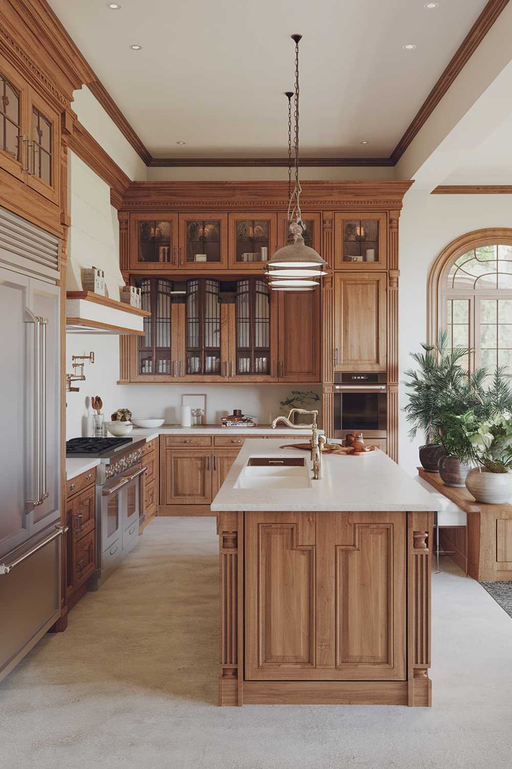 A kitchen design with warm wood cabinets. The kitchen features a large island with a white quartz counter and a double sink. Above the island, there's a hanging pendant light. On the left, there's a refrigerator and a stove with a hood above it. The floor is a light grey concrete. The walls are painted white. There are potted plants near the window. The kitchen has a warm and inviting ambiance.