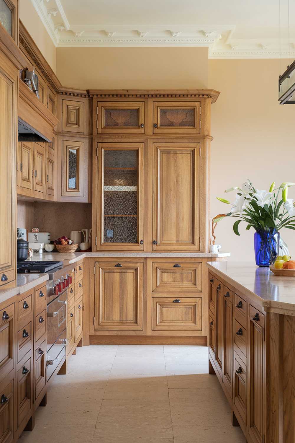 A kitchen design with warm wood cabinets. The cabinets are made of wood and have a warm, golden hue. The countertops are made of a light-colored material, possibly marble or quartz. There is a blue vase with white flowers on the countertop. The floor is made of light-colored tiles. The walls are painted in a soft beige color. There is a hanging light fixture over the island.