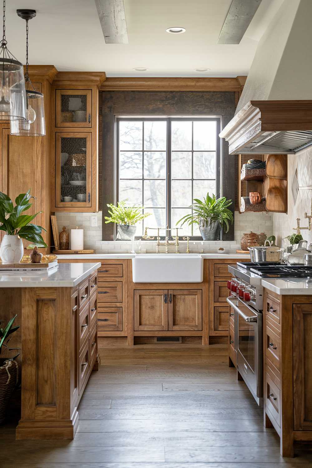 A kitchen with warm wood accents. The kitchen has a high-end design with a mix of modern and rustic elements. The cabinetry is made of warm wood and has a textured finish. The countertops are made of white quartz. The island has a burnished wood finish. The backsplash is made of ceramic tile. There's a large window above the sink that lets in natural light. There are potted plants around the kitchen. The floor is made of large wood planks.