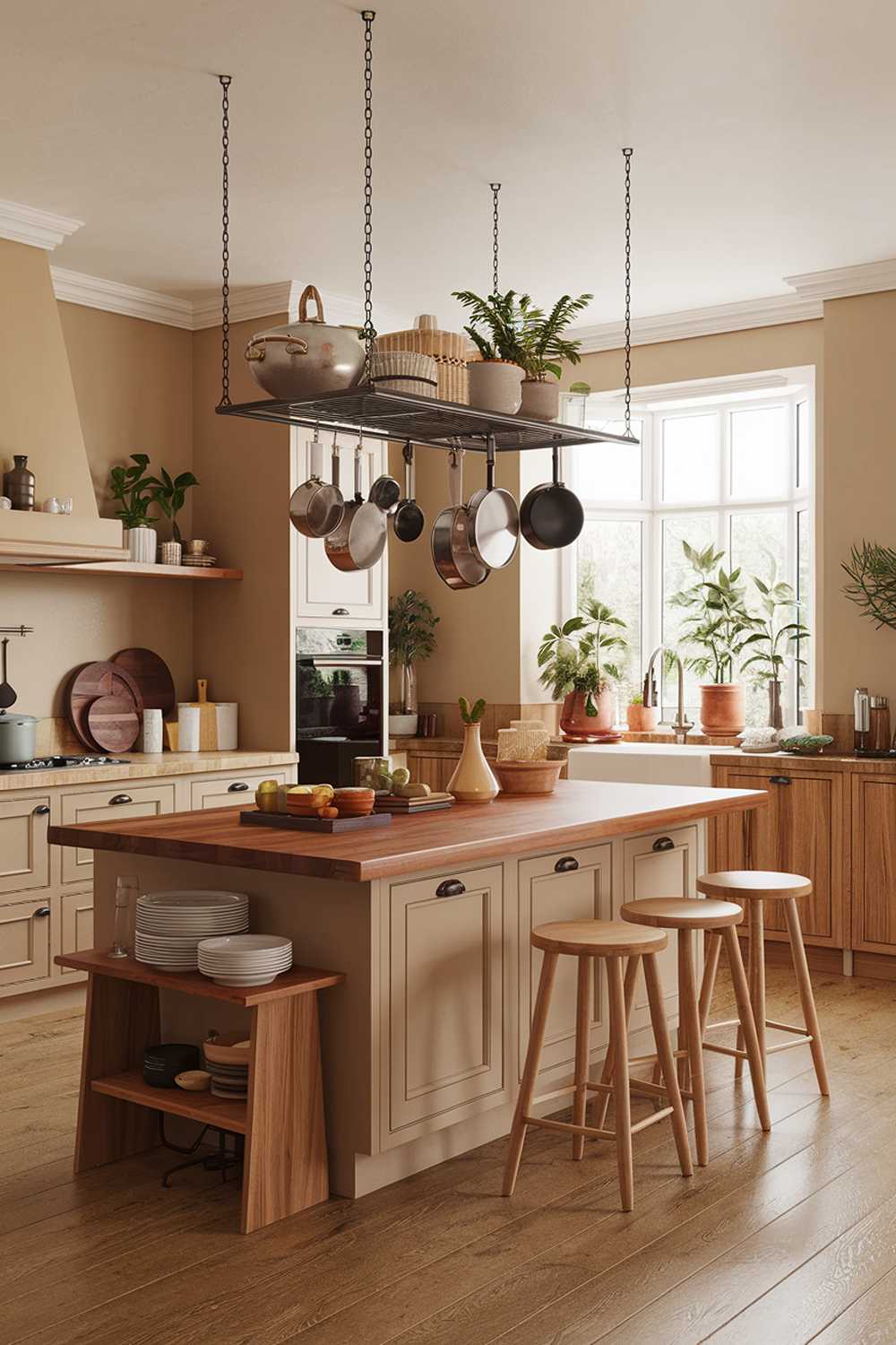 A kitchen design with warm wood accents. There is a large island with a wooden countertop and a few stools. The walls and cabinets are painted beige. There is a pot rack above the island. The floors are made of wood. There are potted plants near the window.