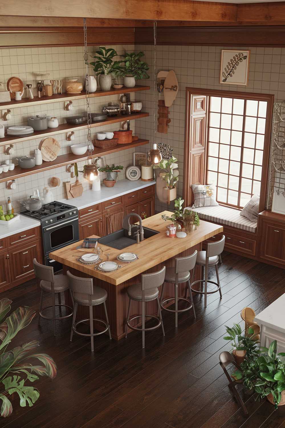 A kitchen design with warm wood accents. The kitchen has a large island with a butcher block top, surrounded by bar stools. The walls are covered with shelves filled with cookware and decor. There is a large window with a window seat. The floor is made of dark wood. There are potted plants scattered throughout the space.