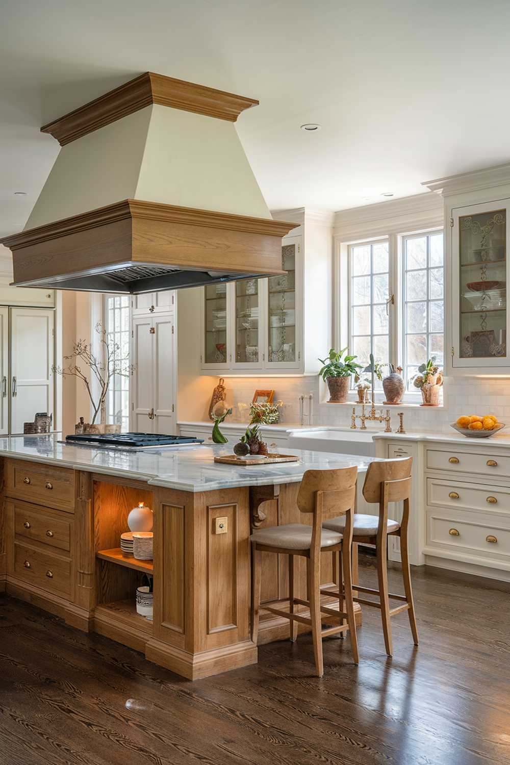 A kitchen design with warm wood accents. The kitchen has a large island with a marble countertop and seating. There's a range hood above the island. The walls and cabinets are painted white. There are potted plants near the window. The floor is made of dark wood. The lighting is bright.