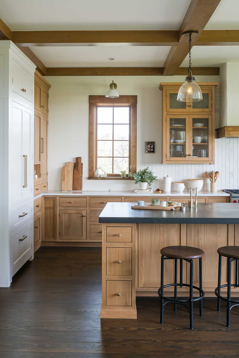 A kitchen with warm wood accents. The kitchen has a large island with a dark countertop and a few stools. There is a white cabinet on the left, and a wall with multiple cabinets and a window. The floor is made of dark wood. There is a pendant light hanging above the island and another light fixture above the cabinet. There are a few utensils and a small potted plant on the counter.