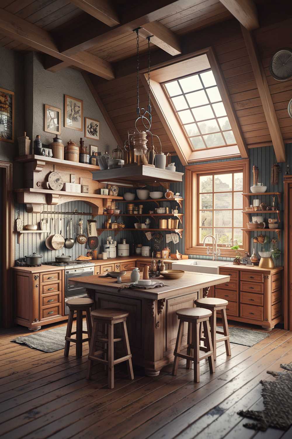 A cozy warm wood kitchen design with a rustic charm. The room has a large wooden island in the center, with a few stools around it. There's a wooden cabinet near the wall, and a few pots and pans are placed on it. The walls are covered with wooden shelves, displaying various kitchen items. There's a large window near the ceiling, allowing natural light to illuminate the room. The floor is made of wooden planks.