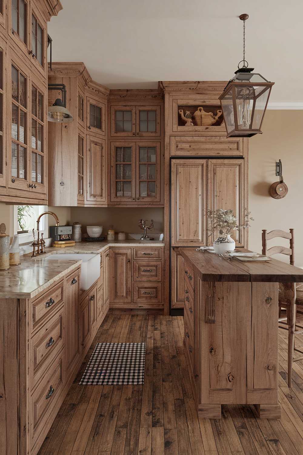 A cozy warm wood kitchen design with a wooden floor, wooden cabinets, and a wooden island. The cabinets and island have a distressed finish, with visible knots and cracks. The countertops are made of beige marble. There's a black and white checkered floor mat in front of the sink. A vintage lantern hangs above the island. There's a wooden chair near the wall. The walls are painted beige.