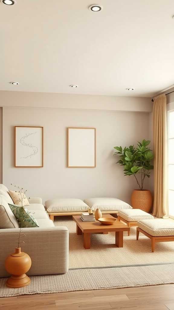 A cozy Japandi living room featuring warm neutral colors, a light sofa, and natural decor.